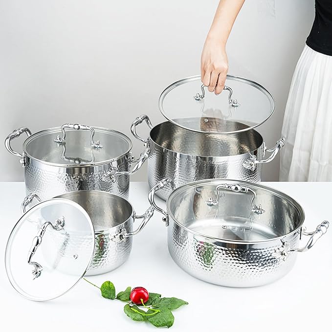 Stainless Steel Stock Pot with Visible Lid for Pasta, Soup, Spaghetti, Nonstick Thick Bottom Stockpot, Induction Pasta Pot Compatible with All Cooktops, Dishwasher Safe,4SETS