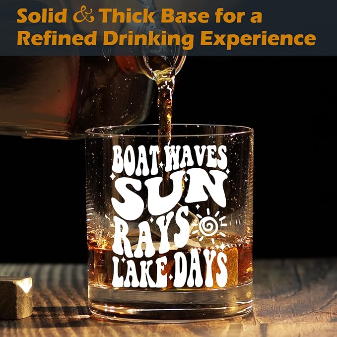 kunlisa Lake House Gifts Whiskey Glasses, Lake Lovers Gifts, Boat Waves Sun Rays Lakes Days 10 oz Drinking Rocks Glasses for Women Men Whisky Cocktail Scotch Bourbon Liquor