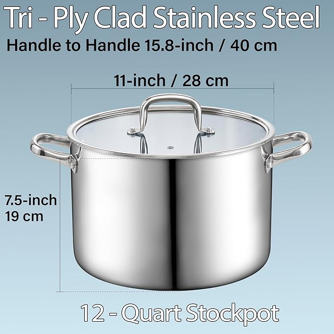 Cook N Home Stainless Steel Stockpot with Lid 12 Quart, Tri-Ply Clad Large Capacity Soup Pot, Induction Cooking pot, Silver