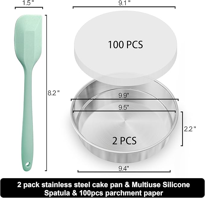 9½ Inch Round Cake Pan Set of 2, Nonstick Circle Stainless Steel Layer Cake Pans 9½ Inch Round with 100PCS Parchment Paper, Baking Pan Set for Birthday Christmas, Silicone Spatula & Dishwasher Safe