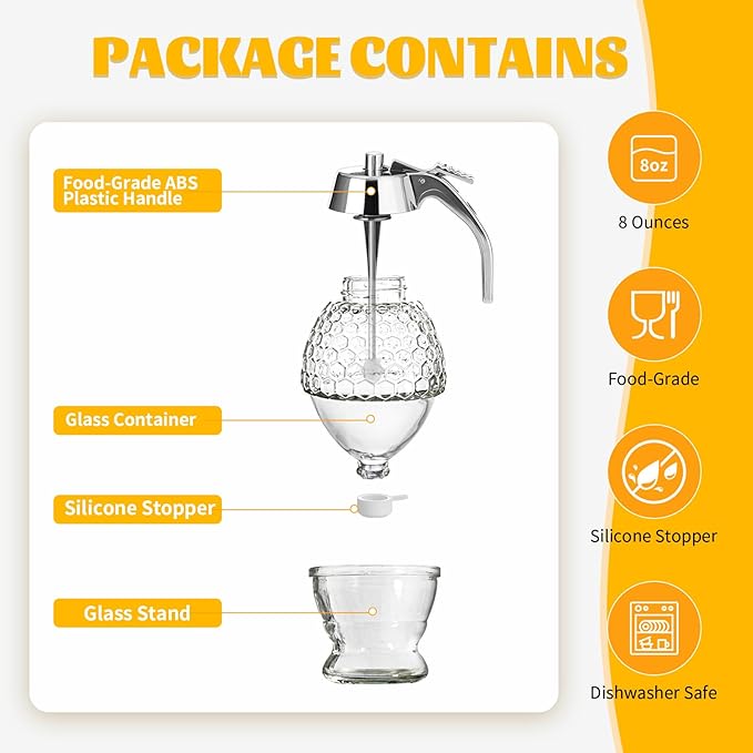 Honey Dispenser, 8oz Honey Dispenser No Drip Glass with Stand, Honey Container & Coffee Syrup Dispenser for Tea Time & Gifting, Elegant Honeycomb Honey Jar - Honey Pot Bottle for Maple Syrup Bee