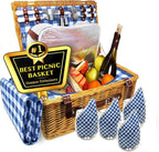 Nature Gear Picnic Basket, Wicker Basket with Handle for Outdoors, Insulated Woven Basket, Includes a Service Kit of Dinnerware & Wine Glasses, Picnic Basket Set for 4 with Blanket, Blue & White