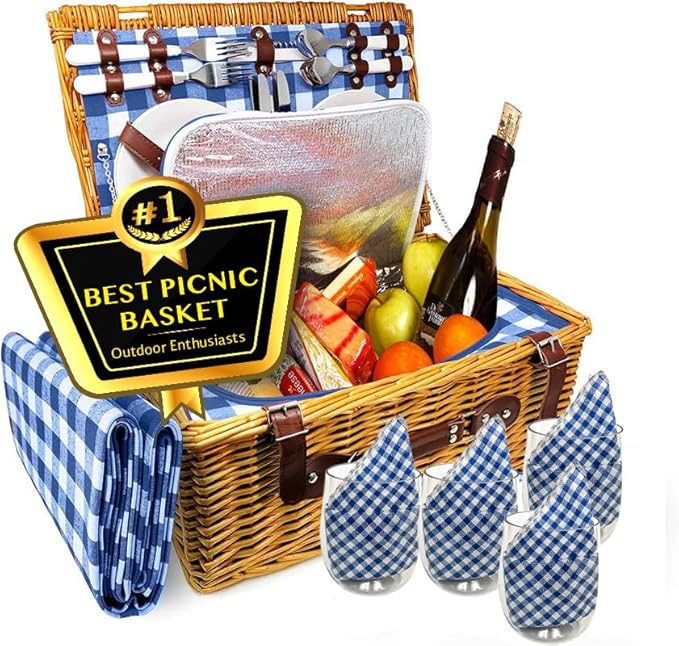 Nature Gear Picnic Basket, Wicker Basket with Handle for Outdoors, Insulated Woven Basket, Includes a Service Kit of Dinnerware & Wine Glasses, Picnic Basket Set for 4 with Blanket, Blue & White