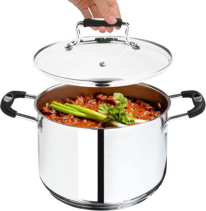 Stock Pot, 6 Quart Stainless Steel Pot, StockPot With Clear Glass Lid, Steam Hole, Permanent Measurement Markings, Gas, Electric and Induction Compatible Boiling Pot