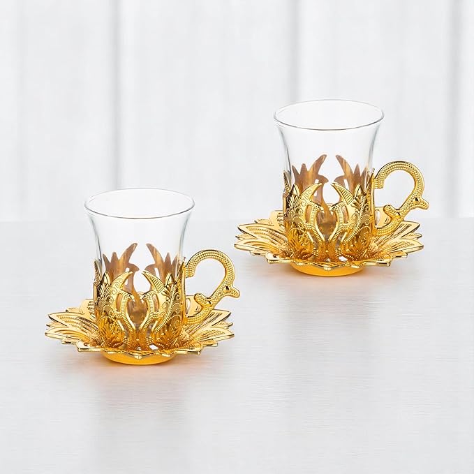 Alisveristime (Set of 2 Turkish Tea Set with Zamac Holders, Glass Cups, and Saucers – Ahsen Ottoman Design, 100ml Capacity, Available in Gold or Silver Color (Gold)