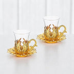 Alisveristime (Set of 2 Turkish Tea Set with Zamac Holders, Glass Cups, and Saucers – Ahsen Ottoman Design, 100ml Capacity, Available in Gold or Silver Color (Gold)
