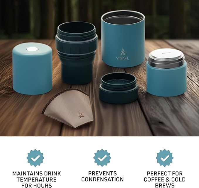 Nest Pour Over Coffee Kit | Coffee Maker for Camping | All-In-One Travel Pour Over | Transportable Dripper, Two 10oz Stainless Steel Travel Mugs | Compact Storage & Adventure Ready | Everglade