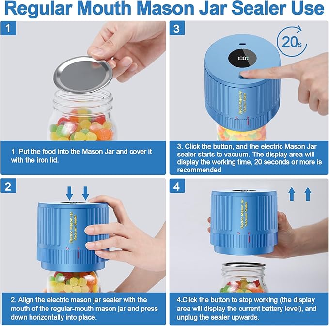 Electric Mason Jar Vacuum Sealer Kit for Wide Mouth and Regular Mouth Mason Jar - Blue