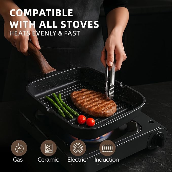 Kikcoin Nonstick Grill Pan for Indoor Cooking，9.5 Inch Versatile Griddle for Stove Tops Steak Pan with Pour Spouts