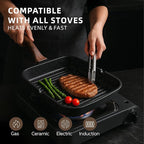 Kikcoin Nonstick Grill Pan for Indoor Cooking，9.5 Inch Versatile Griddle for Stove Tops Steak Pan with Pour Spouts