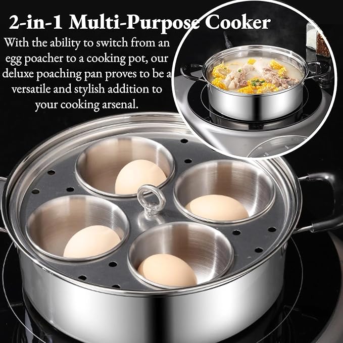 Egg Poacher Pan, Poached Egg Pan Stainless Steel Egg Pan with 4 Cups Egg Cooker Poached Egg Maker for Kitchen (without coating)