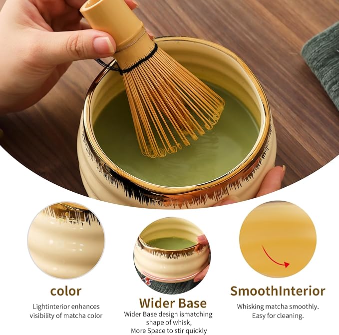 XiaoQuilismic-Matcha Whisk Set: Bamboo blender, matcha bowl, cute stand, ritual tool, Sieve - Family travel with golden texture details, 7-piece set, suitable bowl (yellow)
