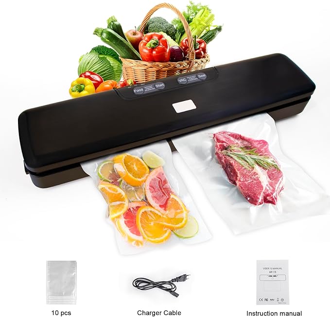 Flyfox Vacuum Sealer Machine - Strong, Multi-functional, and Fast Compact for Multi Food Storage with Low Noise, includes Vac, Sealer, Meat, Dry, Soft, 5 Modes with Vacuum Seal Bags, Black