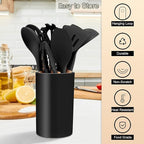 Kitchen Utensils Set of 12, E-far Silicone Cooking Utensils with Holder, Non-stick Cookware Friendly & Heat Resistant, Includes Spatula Tong Whisk Ladle Brush Slotted Turner Spoon(Black)