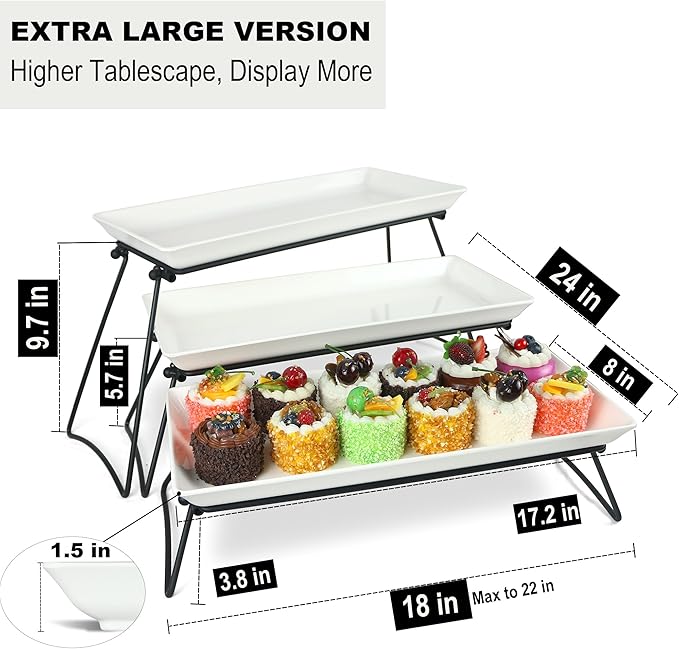 Extra Large 3 Tier Serving Tray Set, 24x22x9.7 inch Cupcake Fruit Cookie Dessert Table Display Stands Melamine Tiered Platters Food Trays for Party Buffet Entertaining, White