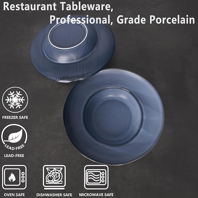 Rimmed Pasta Plate 9.5 oz, Pasta Bowl 2-Piece Set, Shallow Bowl Plate, Ceramic Wide Rimmed Soup Bowl, Best Choice for High-end Restaurants, Hotels and Gourmets, 9-inch Blue