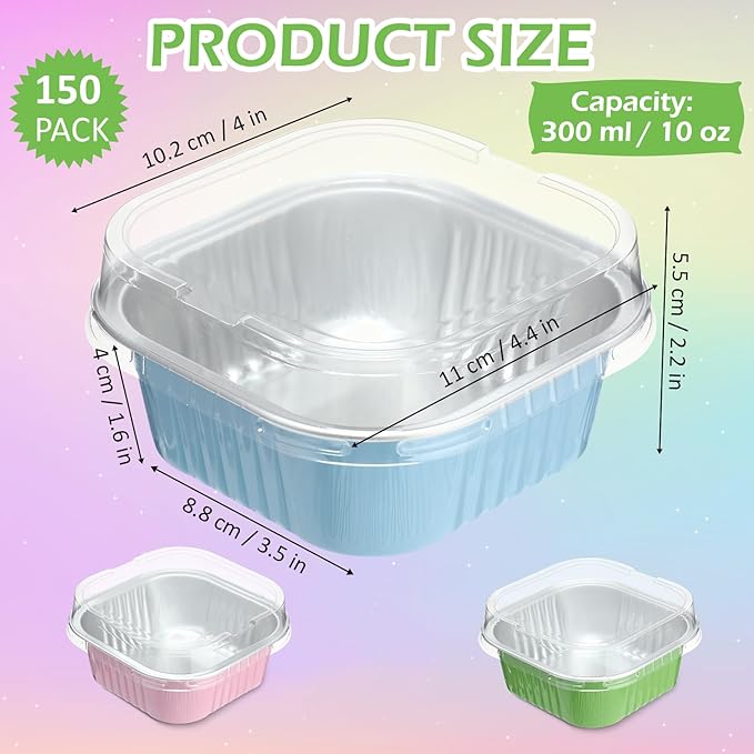 Aoriher 150 Pieces 10 oz Mini Cake Pans with Lids Aluminum Foil Baking Cups Square Disposable 4" x 4" Large Cupcake Cups Baking Tins for Kitchen Brownie Pudding Desserts Holders(Pink Blue Green)