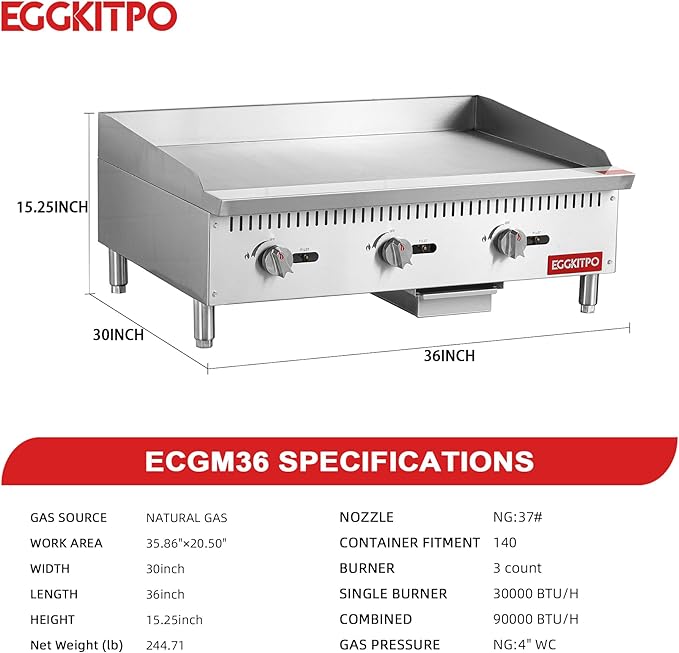 36 Inch CSA Certified Commercial Natural Gas Griddle Manual Controls 90,000 BTU Countertop Flat Top Grill Hot Plate with Independeent Knob 3 Burners Stainless Steel Grill for Restaurant Use