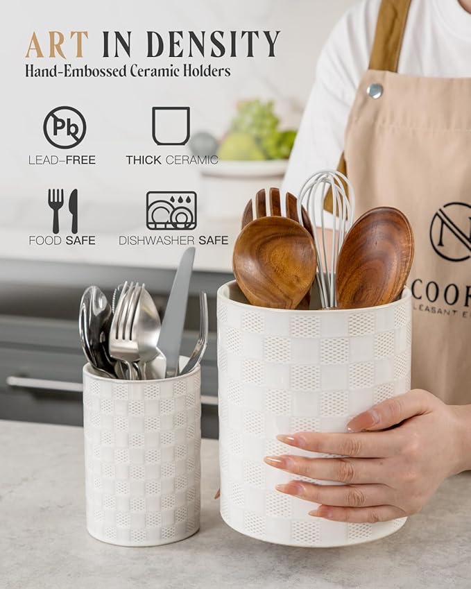 Kitchen Utensil Holder - 7.2"+5.4" Ceramic Utensil Holder for Countertop, Spatula Holder for Counter, Large Embossed Utensil Crock, Farmhouse Utensil Vase for Housewarming, Kitchen Decor, Set of 2