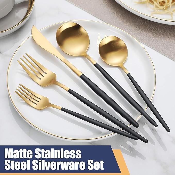 Matte Black Gold Silverware Set,30 Piece Stainless Steel Modern Flatware Set,Brushed Cutlery Set Service for 6,Satin Finish Utensils Set,Home Kitchen and Restaurant,Dishwasher Safe