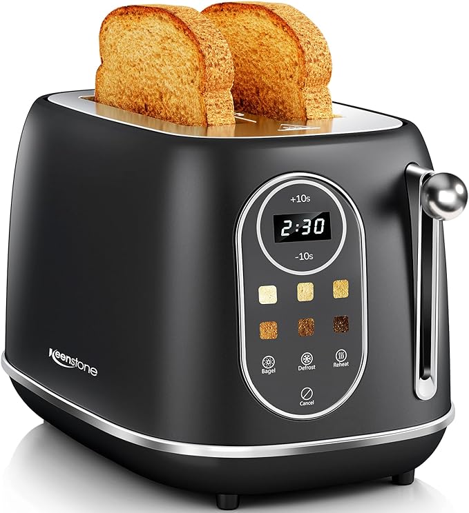 Keenstone Smart Touch Screen Toaster 2 Slice, Retro Wide Slot Stainless Steel Toaster with 6 Browning Levels, Reheat & Defrost, for Bagel, Toast, Bread, Removable Crumb Tray, Black