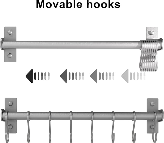 Dseap Kitchen Utensil Holder Hanger, Pot and Pan Rack Wall Mounted, Kitchen Rail with 8 Hooks for Hanging Cooking Utensils, Mugs, Spoons, Wall Mounted, Silver