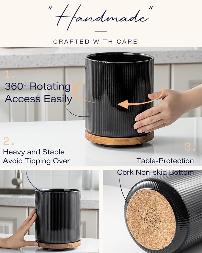 getstar 360° Rotating Large Kitchen Utensil Holder, Ceramic Cooking Utensil Holder for Kitchen Counter with Rotatable and Detachable Wooden Base (Black)