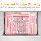 Homecor Silverware Organizer - Expandable Large Kitchen Drawer Organizer Utensil Organizer with 2 Knife Block Inserts, 22"x 19"Cutlery Tray with Drawer Dividers for Kitchen Flatware (Pink)