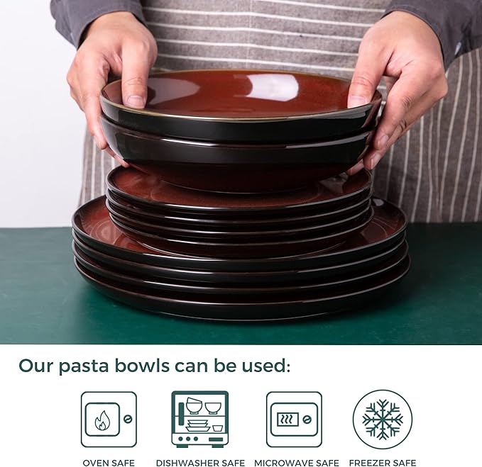 LERATIO Pasta Bowls,Ceramic 38oz Pasta Bowls,9.0" Reactive Glaze Pasta Bowl Set of 6,Microwave & Dishwasher,Oven Safe,Large Wide Serving Bowls for Salad, Dessert,Pizza,Fruit -Red
