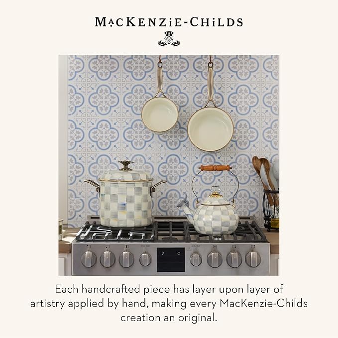 MACKENZIE-CHILDS Enamel Whistling Tea Kettle, Decorative Teapot for Stovetop, Gray-and-White Sterling Check