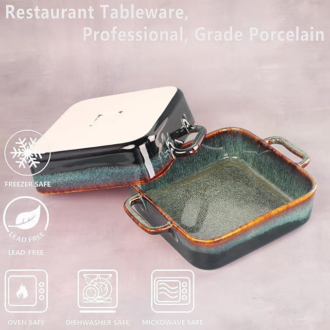 7" x 7" Porcelain Square Casserole Dishes, 2 pieces Baking Dish for Oven, 32 OZ Ceramic Lasagna Pans, Oven Safe Bakeware for Kitchen Cooking, Cake, Banquet and Dinner