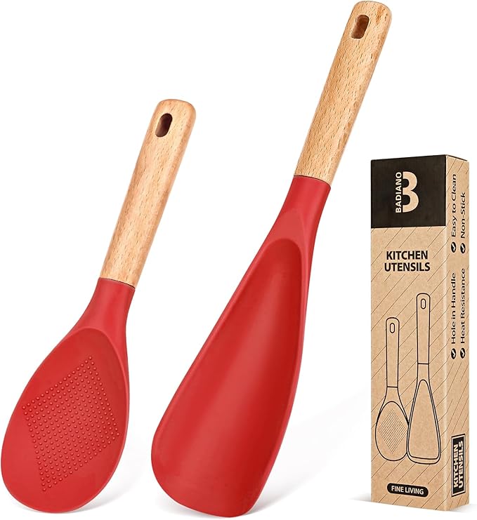 Cooking Spoon and Rice Scooper for Nonstick Cookwares, Great for Cooking and Serving Sturdy BPA-Free Matte Silicone, Wood Handle Spoon for Mixing, Scoop, and Scrape (RED)