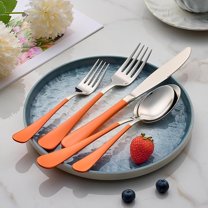 20-Piece Orange Silverware Set 18/0 Stainless Steel Flatware Orange Handle Cutlery Set Service for 4 Dinner Knives Forks Spoons Set Mirror Finish Dishwasher Safe