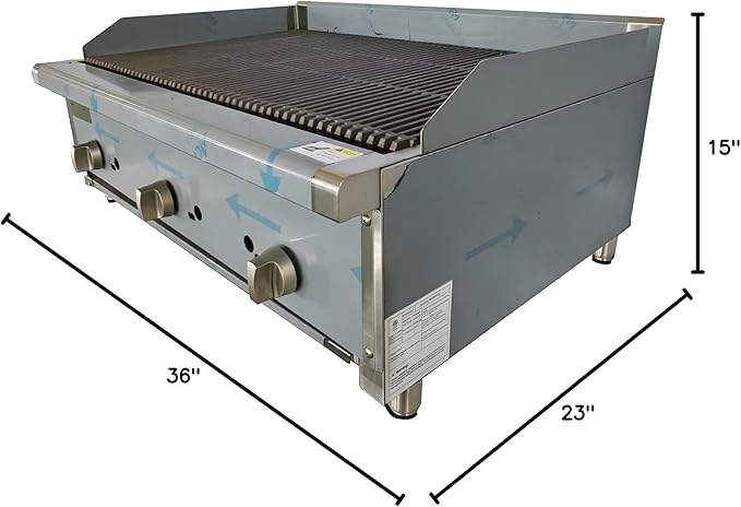 36 Inch Commercial Gas Charbroiler, Stainless Steel Countertop Grill with 3 Burners 84000 BTU, Heavy Duty Restaurant BBQ Broiler, Natural Gas/Propane, Cast Iron Grates