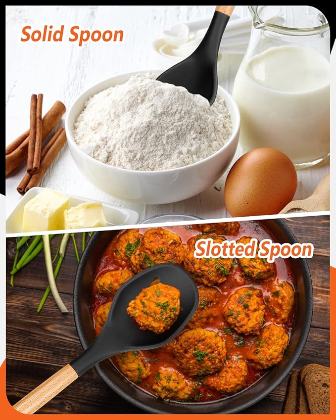 Large Silicone Cooking Spoons, 2 Pack Nonstick Solid and Slotted Wooden handle Spoon Set, Heat Resistan Silicone Kitchen Spoons for Cooking, Serving, Basting, Mixing (Black)