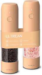 Ultrean Electric Pepper Grinder, Rechargeable Salt and Pepper Grinder with 6 Adjustable Coarseness, LED Light, One-Hand Automatic Operation, Light Orange