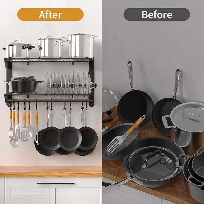 Taozun 30 Inch Pot and Pan Organizer, 2 Tier Heavy Duty Pot Rack Wall Mounted with 12 Hooks, Kitchen Cookware Utensils Hanger Organizers and Storage