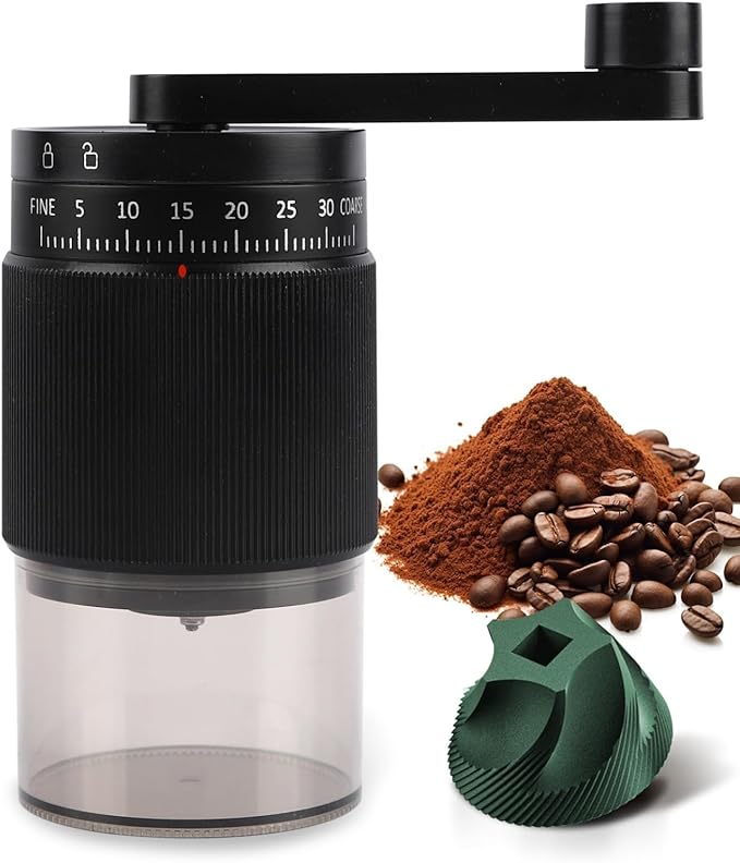 Manual Coffee Grinder - 95 Ceramic Burr, Adjustable Coarse to Fine, 30g Beans & 80ml Powder, Detachable Handle for Espresso, French Press, Camping (Black and grey)