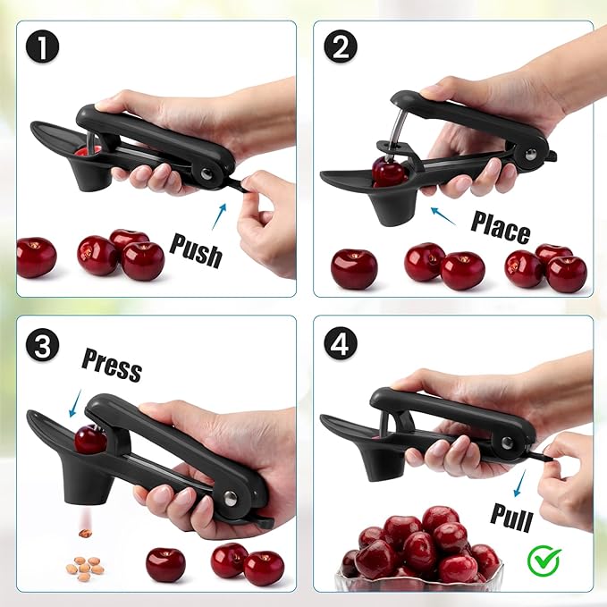 SCHVUBENR Cherry Pitter Tool - Stainless Steel Cherry Corer Pitter with Ergonomic Push Design - Easy to Use for Making Cherry Jam - Pit Cherry with Ease, Saving Time & Space with Lock Design(Black)