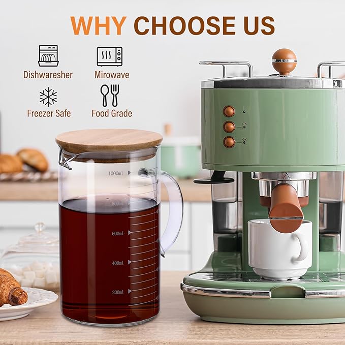 3 Pack 1000 ml Graduated Beaker Mug with Handle and Lid Borosilicate Glass Multifunction Measuring Cup Measuring Pitcher for Baking, Cooking, Pouring Liquid, 33.8 oz