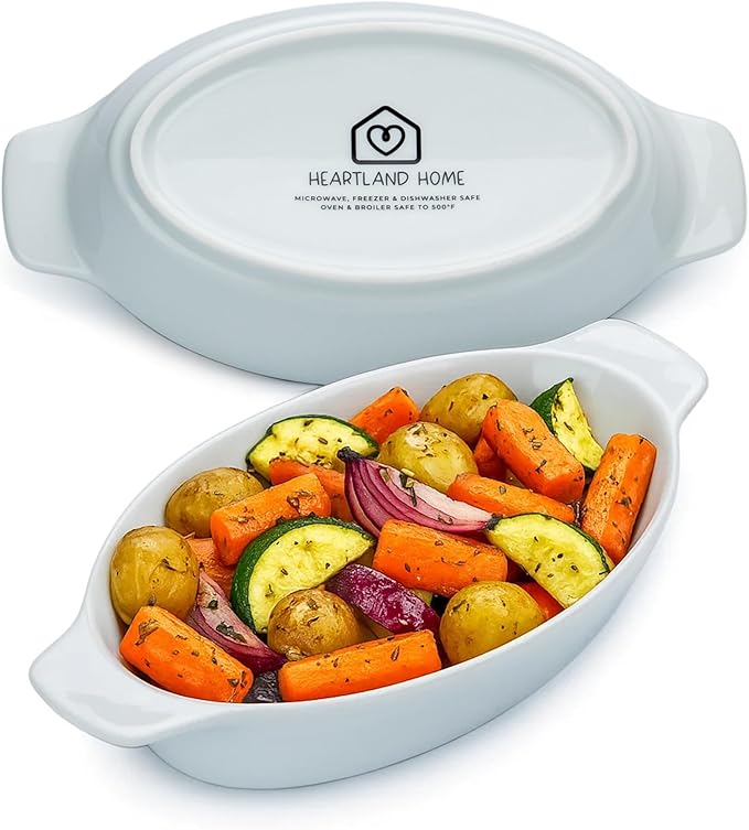 Heartland Home Porcelain Mini Casserole Dish Oval Au Gratin Dish (2pc Set). Cauliflower Au Gratin Baking Dish, Banana Split Bowls, Single Serving Casserole Dishes, Small Individual Gratin Dishes Set