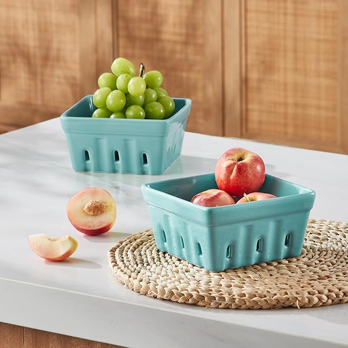 ONEMORE Berry Basket Ceramic Berry Bowls with Holes Square Fruit Bowl Berry Colander Containers for Fridge - 5.8" Fruit Basket for Kitchen Décor, Set of 2, Mint Green