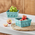ONEMORE Berry Basket Ceramic Berry Bowls with Holes Square Fruit Bowl Berry Colander Containers for Fridge - 5.8" Fruit Basket for Kitchen Décor, Set of 2, Mint Green