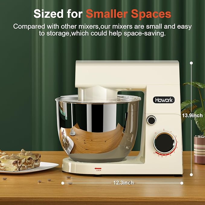 HOWORK Stand Mixer,10+p Speeds With 5.5QT Stainless Steel Bowl,Dough Hook, Wire Whip & Beater,for Most Home Cooks,Cream White