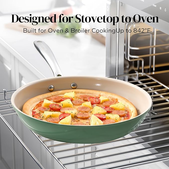 Redchef Nonstick Frying Pan Skillet, Ceramic Non-Stick Saute Pans, 9.5 inch Cooking Fry Pan with Stay Cool Handle, All Stovetops, Dishwasher/Oven Safe, PFAS-Free, Non Toxic (Green)