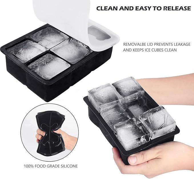 Whiskey Cocktail Ice Mold, Easy Fill and Release Silicone Round Ice Ball Maker Mold Large Square Ice Cube Tray with Lid - 6 Ice Balls + 6 Ice Cubes Black