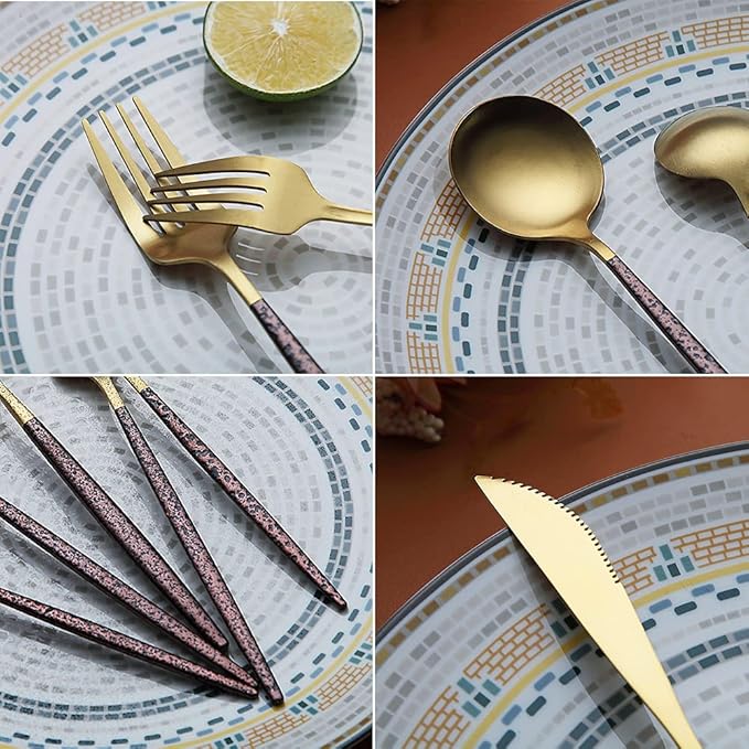 Silverware 20 Pieces, Moon Surface Handle and Matte Gold Head Flatware, Stainless Steel Cutlery Set, Utensils, Service for 4