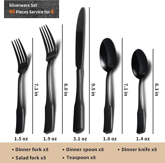 Alata Kate Black Mirror 40-Piece Silverware Set,Service for 8,Stainless Steel Flatware Set,Mirror Cutlery Set,Dishwasher Safe