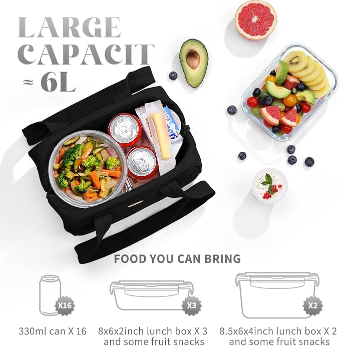 Insulated Lunch Bag，Freezable Lunch bag，Built-in Ice Pack Small Cooler，Lunch Bags for Women ，Waterproof and Durable，Suitable for Work, Picnics, Travel, and Meal Preparation（Black）