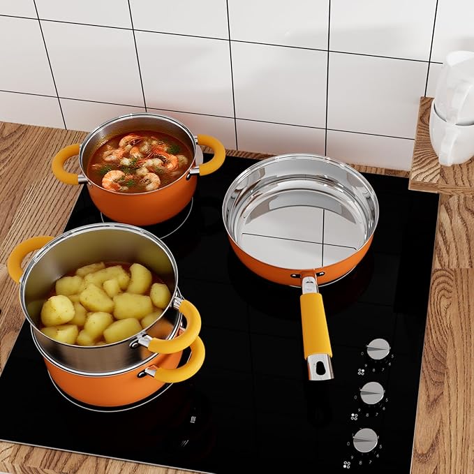 Stainless 18/8 Steel Pots and Pans Set 6 Piece, 4 3 QT Pot with Lid and Steaming, Fry Pan, Compatible with All Stovetops